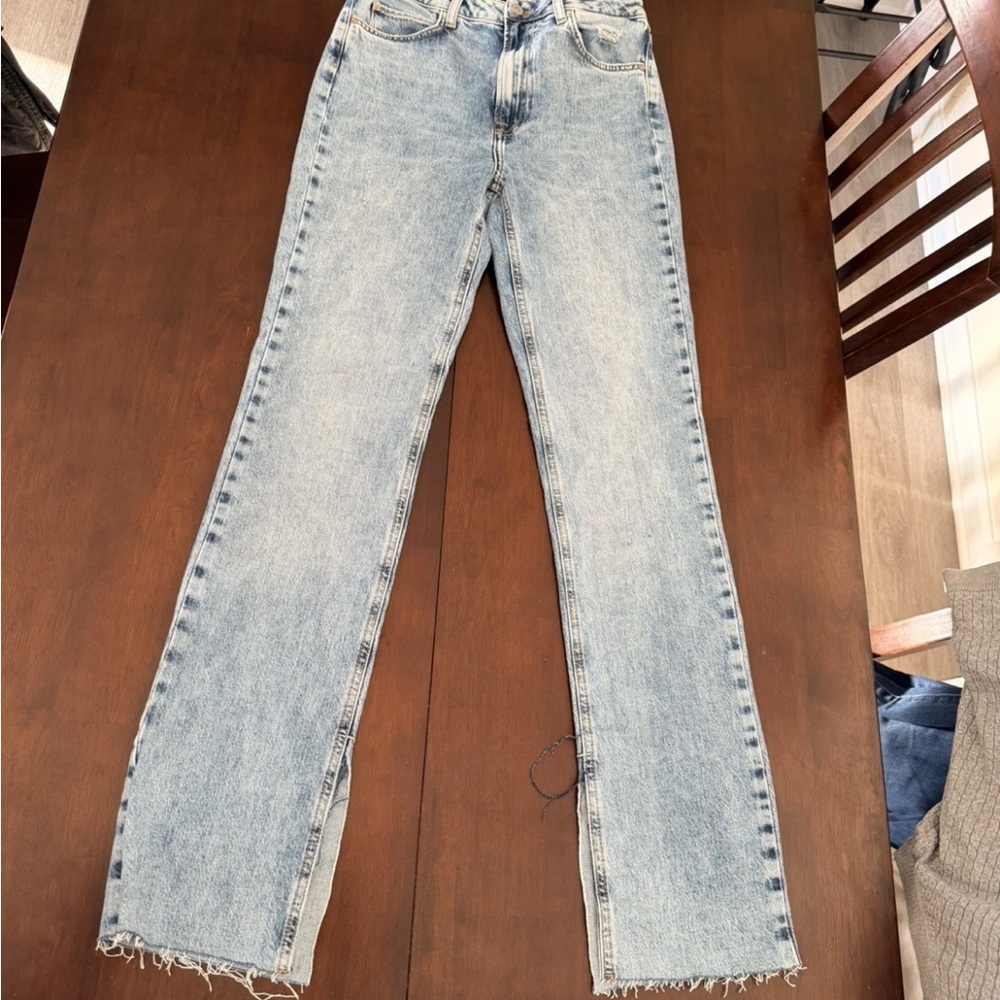 Zara Light Blue Straight Leg Split Hem Women's Jeans